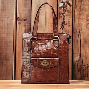 Fossil Revival Brown Croc Embossed Extra Large Leather Tote